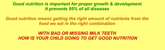 Good nutrition is important for proper growth & development It prevents 95% of all diseases  Good nutrition means getting the right amount of nutrients from the food we eat in the right combination  WITH BAD OR MISSING MILK TEETH  HOW IS YOUR CHILD GOING TO GET GOOD NUTRITION